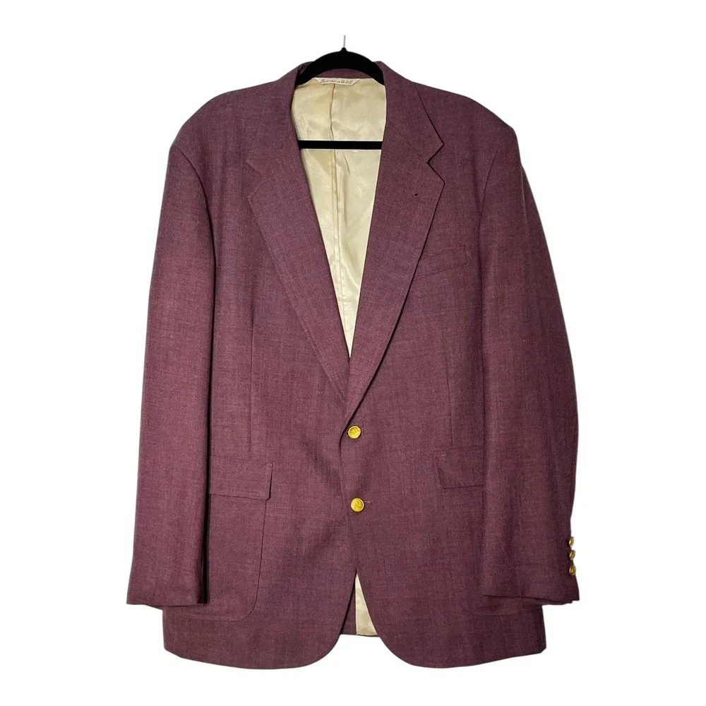 Stafford Mens 46L Blazer Sport Coat Plum Purple Worsted Wool Blend Gold Buttons